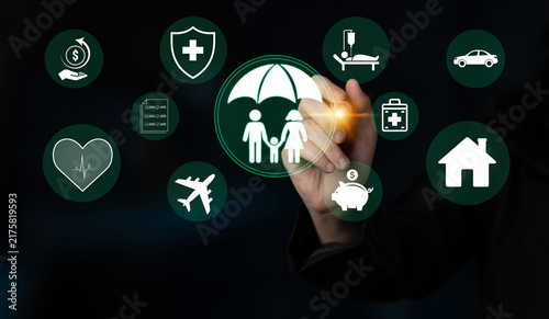 Bild auf Leinwand Illustration of Insurance Concepts with Icons for Health, Home, Travel, and Financial Coverage Represented by Umbrella and Hand Gesture Haptic
