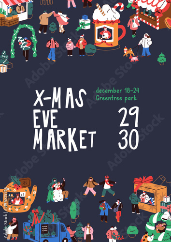 Christmas market poster design. Xmas and New Year holiday fair, sale, flyer t...