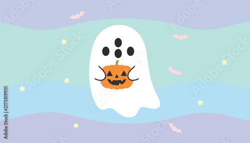 Cute Halloween illustration featuring a friendly white ghost holding a carved pumpkin against a wavy background.