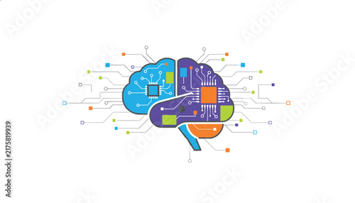 Brain and artificial intelligence concept with colorful brain hemispheres containing electronic circuits and microchips.