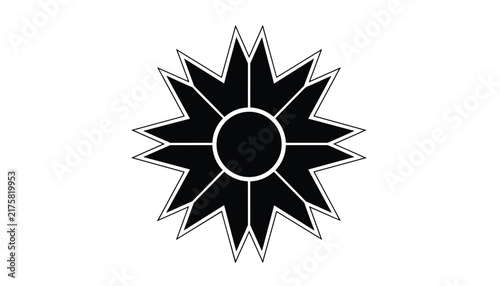 Symmetric geometric star emblem or starburst design element, black silhouette on a solid white background.