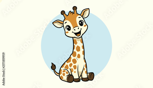 Adorable cartoon baby giraffe sitting down inside a blue circular background, perfect for kids nursery design.