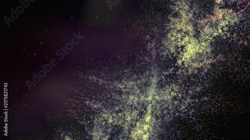 Glowing green and yellow glowing particle wave floating on dark space background with abstract motion light. 