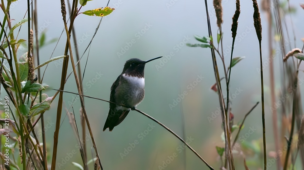 Obraz premium A small hummingbird perches on a thin branch amid tall reeds and soft greenery in a misty tranquil wetland environment