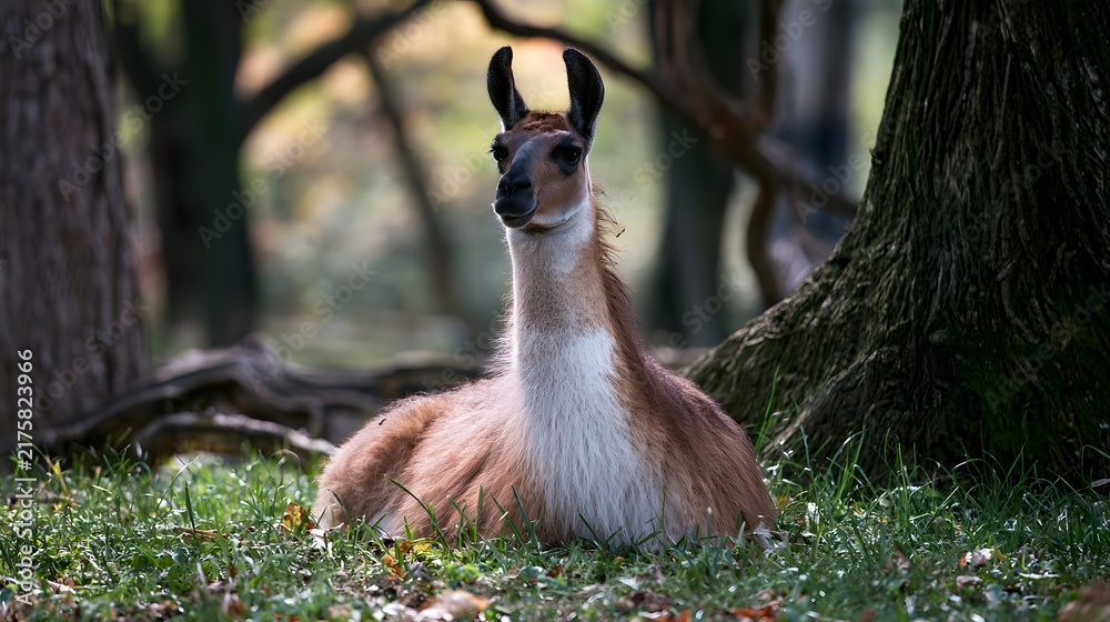 Obraz premium A calm llama sits on grass under trees with soft sunlight filtering through the forest canopy