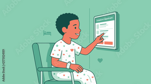 Child in hospital gown using touchscreen in clinic, isolated