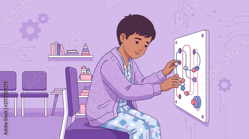 Child Playing With Interactive Board In Waiting Room, Technology Theme