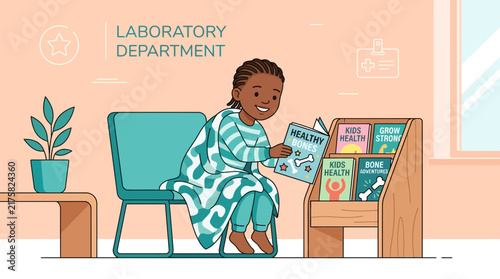 Child reading in laboratory waiting room, healthcare, education