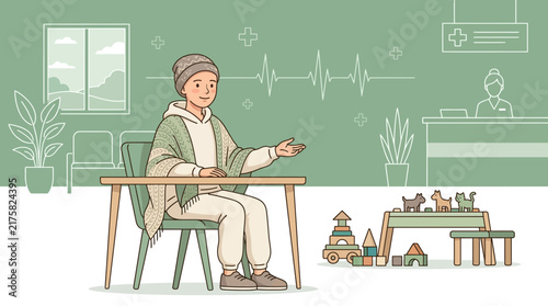 Child Sitting At Desk With Toys, Isolated Medical Interior