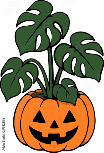 Halloween Pumpkin Planter with Monstera Plant