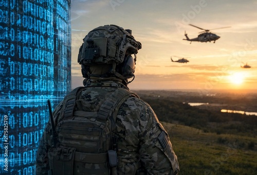 High-tech soldier observes an open battlefield at sunset as helicopters fly overhead, while glowing blue binary code represents digital warfare, cybersecurity, and military intelligence.