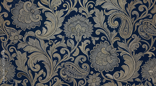 Seamless vintage floral damask pattern with detailed flowers and acanthus leaves in beige on a dark blue background, elegant classic textile design