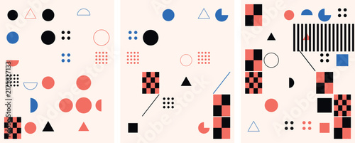 Abstract geometric poster collection with red and blue shapes on beige background for modern wall art print.