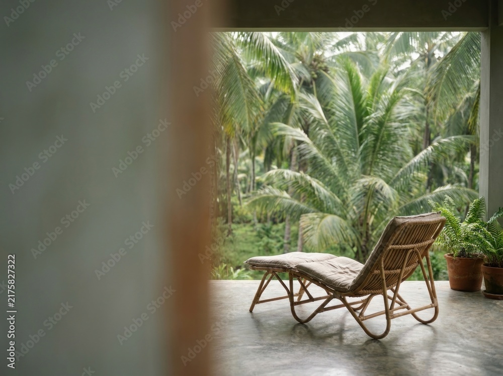 Obraz premium Cozy wicker rattan sunbed on covered balcony patio overlooking lush green jungle forest