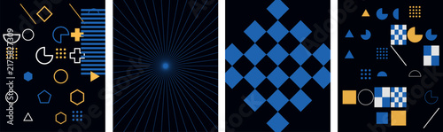 Abstract geometric poster set with dark blue and yellow elements for modern minimalist interior wall decor.