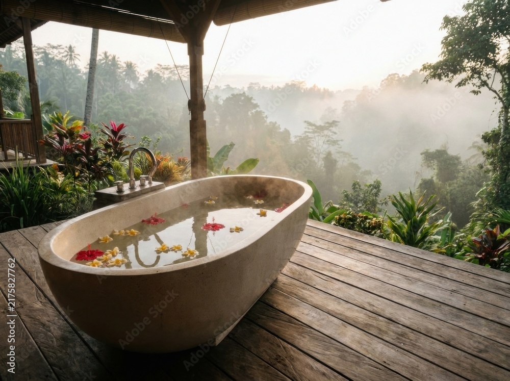 Obraz premium Free-standing outdoor soaking bathtub filled with blossoms overlooking misty mountain tree canopy