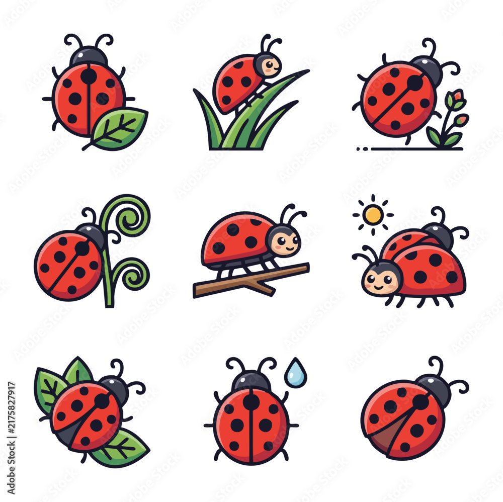 Fototapeta premium Cute ladybug insect cartoon icon set in nature