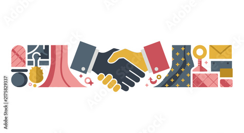 Flat Business Handshake Illustration with Abstract Corporate Icons for Partnership and Agreement Concepts