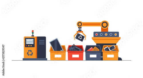 Automated E-waste Recycling Plant Illustration with Robotic Arm Sorting Electronics into Bins
