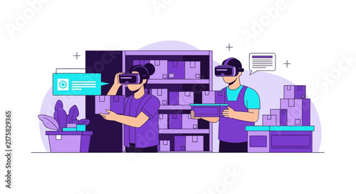 Smart Warehouse Logistics Workers Using VR Headsets for Inventory Management Flat Illustration