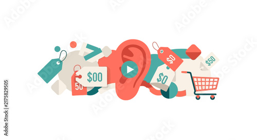 Audio Commerce Flat Illustration with Human Ear, Shopping Cart, and Price Tags for Marketing and Digital Retail Concepts