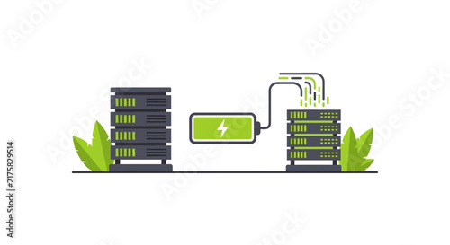 Green Energy Data Center Illustration with Server Racks and Eco Battery Storage
