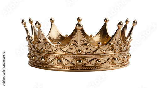 Ornate golden crown with intricate scrollwork and beaded trim, isolated on transparent background