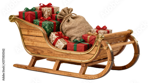 Photography Wooden Santa sleigh filled with gifts and burlap sack, isolated on transparent b