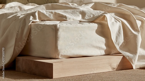 A close up view of a low light oak wood platform bed base with a white quilted mattress and draped white linen fabric in a minimalist room