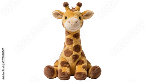 Photography Plush giraffe toy with brown spots sitting, isolated on transparent background