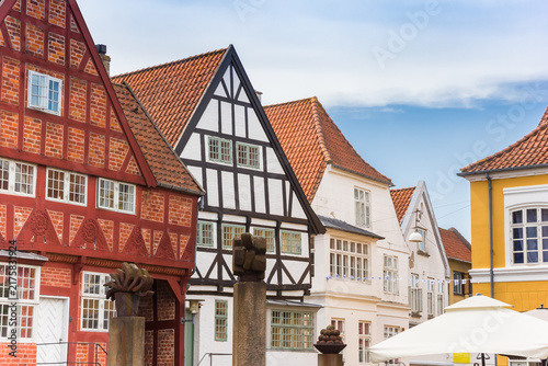 Foto Half timbered houses at the central square of Haderslev, Denmark