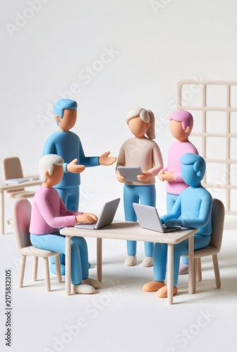 Group of five colorful 3D figurines engaged in a collaborative discussion around a table with laptops and tablets in a modern office setting
