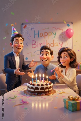 Three animated characters celebrating a birthday with a cake, candles, and decorations in a festive indoor setting, featuring a 