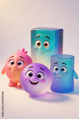Colorful cartoon characters featuring round and rectangular shapes with smiling faces, displayed against a soft gradient background with a whimsical, playful atmosphere