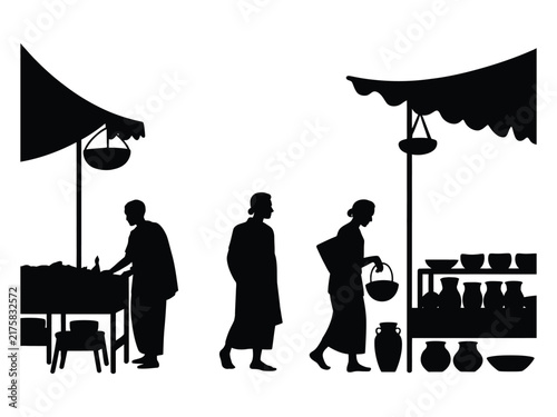 Market Scene with Vendors and Customers Silhouette Illustration