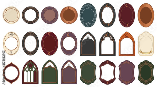 Halloween Medieval retro labels collection. Vintage vector badges set. Antique round and ogival shapes. Gothic style frames for design. Parchment, wood