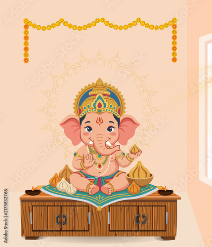 Canvastavla Ganesh Chaturthi Home Puja with Ganesha Idol, Diyas, Marigold Garland and Tradit