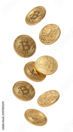 Falling gold bitcoin coins isolated on transparent background