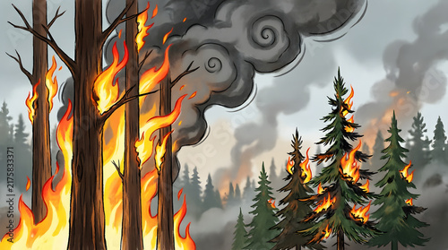 Obraz na płótnie Wildfire burning through pine forest with thick dark smoke, vector illustration