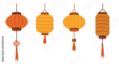 Chinese paper lantern set isolated on a white background. Vector collection of hanging oriental lamps for Mid Autumn Festival and Chinese New Year decorations