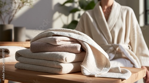 Person wearing a beige cotton bathrobe standing behind a wooden table with a stack of folded soft towels in a bright sunlit room