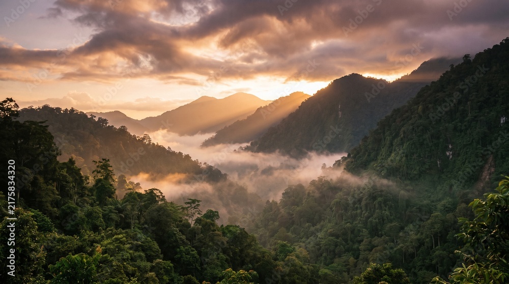 Obraz premium Breathtaking Sunrise Over Lush Tropical Rainforest Mountains with Morning Mist and Sun Rays Piercing Through the Valley Wilderness