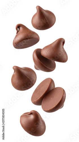 Falling chocolate chips isolated on transparent background