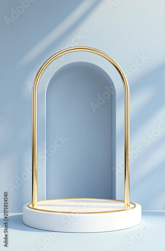 White podium with gold arch on blue background