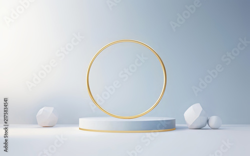 Minimal white podium with gold circle frame