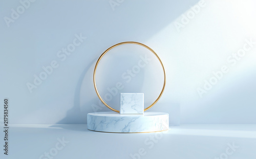 Minimal marble podium with gold circle and cube