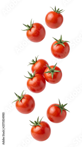 Falling cherry tomatoes isolated on transparent background