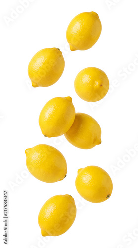 Cuadro en lienzo Falling lemons isolated on transparent background