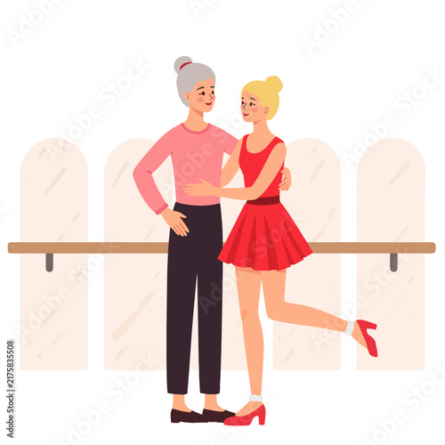 Elderly woman embracing young ballerina in dance studio setting. Elderly set  