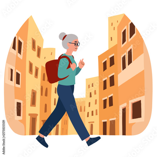 Elderly woman walking with a backpack in a city street scene. Elderly set  